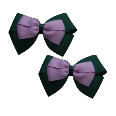 School Hair Accessories - Double Cherish Hair Bow 9cm - Hunter Green Base & Centre Ribbon (24 colours top)