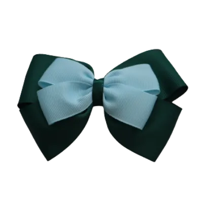 School Hair Accessories - Double Cherish Hair Bow 9cm - Hunter Green Base & Centre Ribbon (24 colours top)