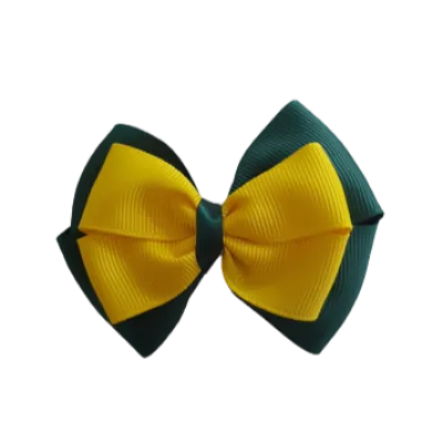 School Hair Accessories - Double Cherish Hair Bow 9cm - Hunter Green Base & Centre Ribbon (24 colours top)