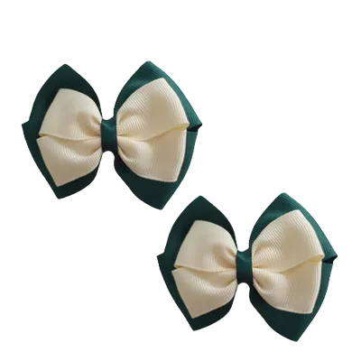 School Hair Accessories - Double Cherish Hair Bow 9cm - Hunter Green Base & Centre Ribbon (24 colours top)