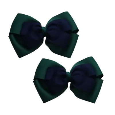 School Hair Accessories - Double Cherish Hair Bow 9cm - Hunter Green Base & Centre Ribbon (24 colours top)