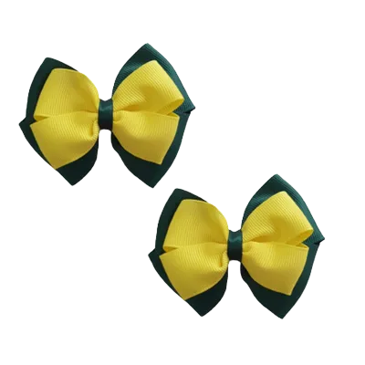 School Hair Accessories - Double Cherish Hair Bow 9cm - Hunter Green Base & Centre Ribbon (24 colours top)