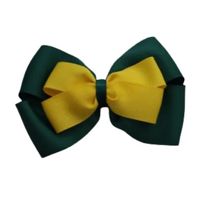 School Hair Accessories - Double Cherish Hair Bow 9cm - Hunter Green Base & Centre Ribbon (24 colours top)