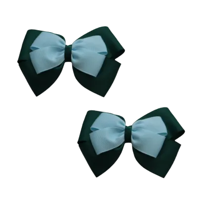 School Hair Accessories - Double Cherish Hair Bow 9cm - Hunter Green Base & Centre Ribbon (24 colours top)