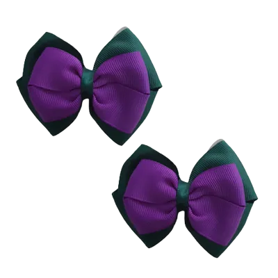 School Hair Accessories - Double Cherish Hair Bow 9cm - Hunter Green Base & Centre Ribbon (24 colours top)