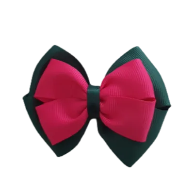 School Hair Accessories - Double Cherish Hair Bow 9cm - Hunter Green Base & Centre Ribbon (24 colours top)