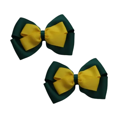 School Hair Accessories - Double Cherish Hair Bow 9cm - Hunter Green Base & Centre Ribbon (24 colours top)