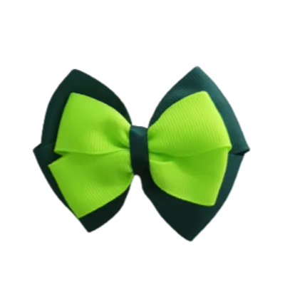 School Hair Accessories - Double Cherish Hair Bow 9cm - Hunter Green Base & Centre Ribbon (24 colours top)