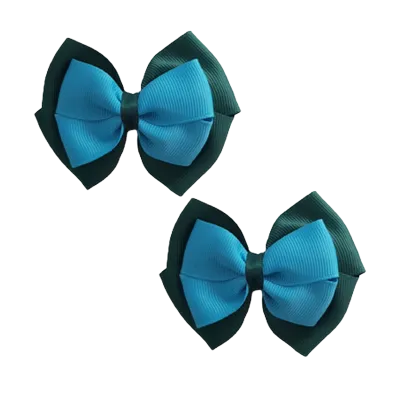 School Hair Accessories - Double Cherish Hair Bow 9cm - Hunter Green Base & Centre Ribbon (24 colours top)