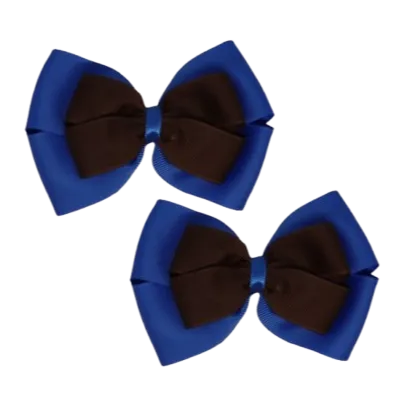School Hair Accessories - Double Cherish Hair Bow 9cm - Royal Blue Base & Centre Ribbon (26 colours top)