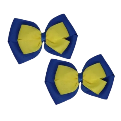 School Hair Accessories - Double Cherish Hair Bow 9cm - Royal Blue Base & Centre Ribbon (26 colours top)