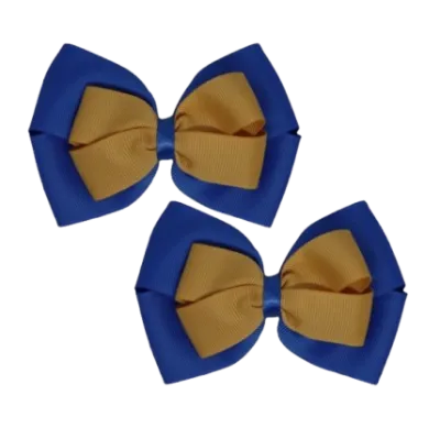 School Hair Accessories - Double Cherish Hair Bow 9cm - Royal Blue Base & Centre Ribbon (26 colours top)