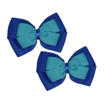 School Hair Accessories - Double Cherish Hair Bow 9cm - Royal Blue Base & Centre Ribbon (26 colours top)