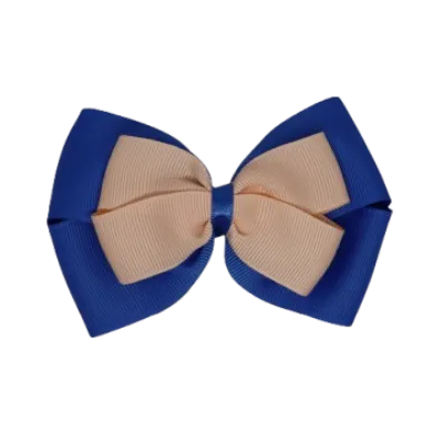 School Hair Accessories - Double Cherish Hair Bow 9cm - Royal Blue Base & Centre Ribbon (26 colours top)