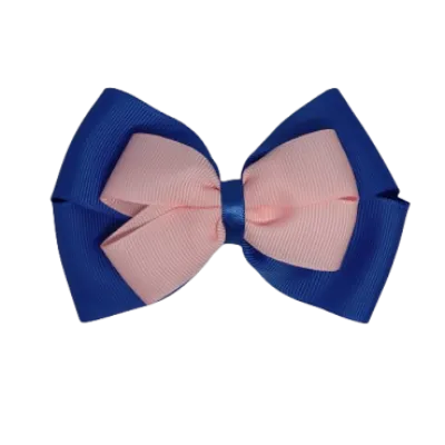 School Hair Accessories - Double Cherish Hair Bow 9cm - Royal Blue Base & Centre Ribbon (26 colours top)