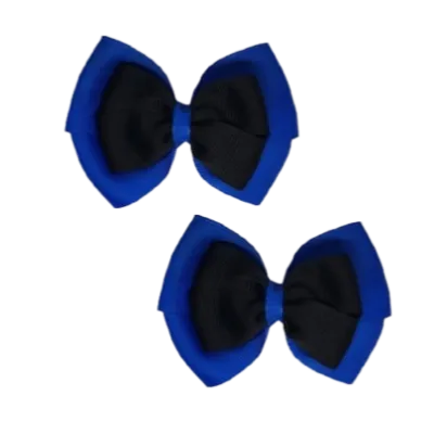 School Hair Accessories - Double Cherish Hair Bow 9cm - Royal Blue Base & Centre Ribbon (26 colours top)