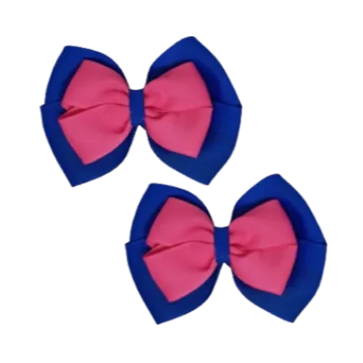 School Hair Accessories - Double Cherish Hair Bow 9cm - Royal Blue Base & Centre Ribbon (26 colours top)
