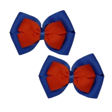 School Hair Accessories - Double Cherish Hair Bow 9cm - Royal Blue Base & Centre Ribbon (26 colours top)