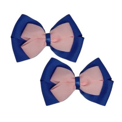 School Hair Accessories - Double Cherish Hair Bow 9cm - Royal Blue Base & Centre Ribbon (26 colours top)