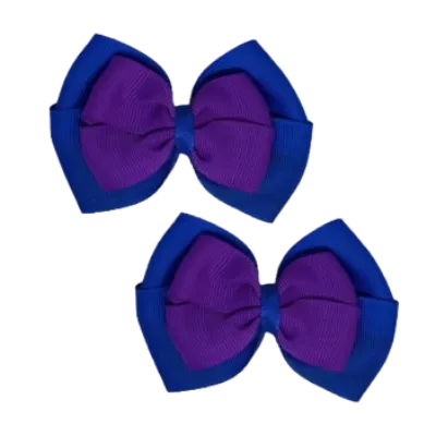 School Hair Accessories - Double Cherish Hair Bow 9cm - Royal Blue Base & Centre Ribbon (26 colours top)