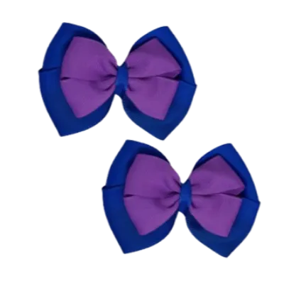 School Hair Accessories - Double Cherish Hair Bow 9cm - Royal Blue Base & Centre Ribbon (26 colours top)