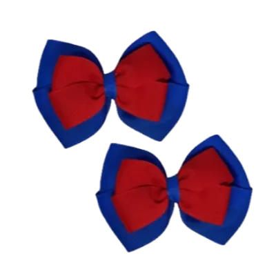 School Hair Accessories - Double Cherish Hair Bow 9cm - Royal Blue Base & Centre Ribbon (26 colours top)