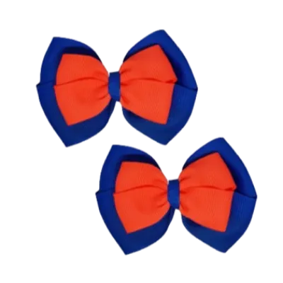 School Hair Accessories - Double Cherish Hair Bow 9cm - Royal Blue Base & Centre Ribbon (26 colours top)