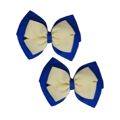 School Hair Accessories - Double Cherish Hair Bow 9cm - Royal Blue Base & Centre Ribbon (26 colours top)