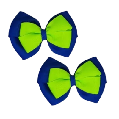 School Hair Accessories - Double Cherish Hair Bow 9cm - Royal Blue Base & Centre Ribbon (26 colours top)