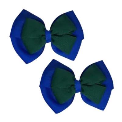 School Hair Accessories - Double Cherish Hair Bow 9cm - Royal Blue Base & Centre Ribbon (26 colours top)