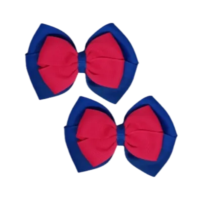 School Hair Accessories - Double Cherish Hair Bow 9cm - Royal Blue Base & Centre Ribbon (26 colours top)