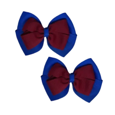 School Hair Accessories - Double Cherish Hair Bow 9cm - Royal Blue Base & Centre Ribbon (26 colours top)