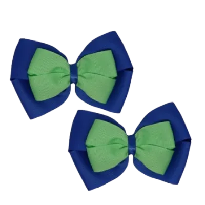 School Hair Accessories - Double Cherish Hair Bow 9cm - Royal Blue Base & Centre Ribbon (26 colours top)