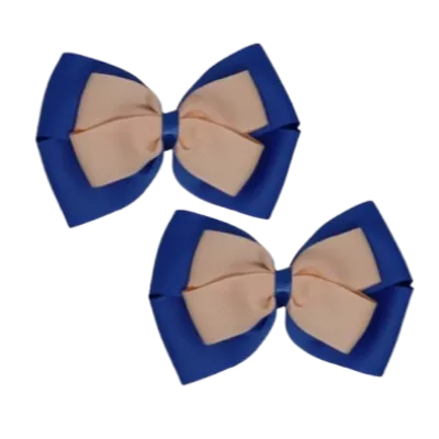School Hair Accessories - Double Cherish Hair Bow 9cm - Royal Blue Base & Centre Ribbon (26 colours top)