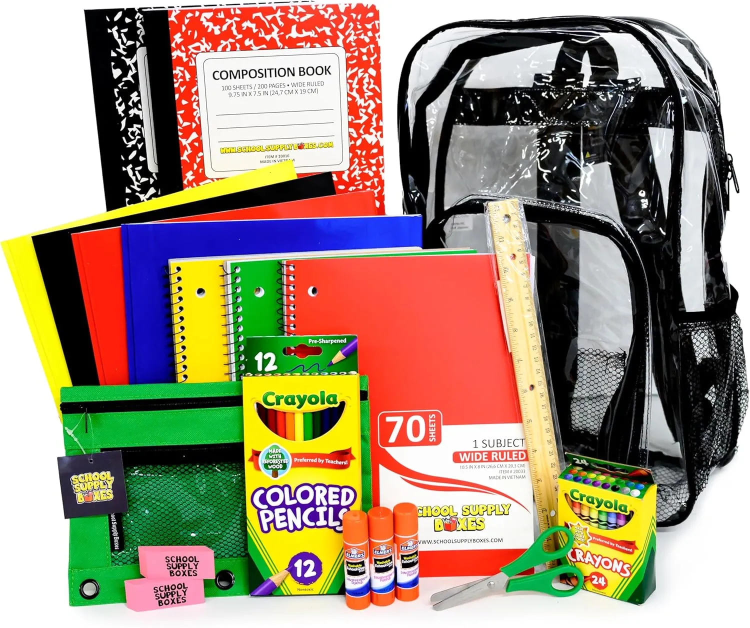 School Supply Boxes | 17" Clear Backpack Bundle for Elementary School | Back to School Bookbag with Supplies | Contains Crayons, Colored Pencils, Ruler, Disappearing Glue, Notebooks, and more