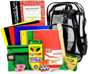 School Supply Boxes | 17" Clear Backpack Bundle for Elementary School | Back to School Bookbag with Supplies | Contains Crayons, Colored Pencils, Ruler, Disappearing Glue, Notebooks, and more