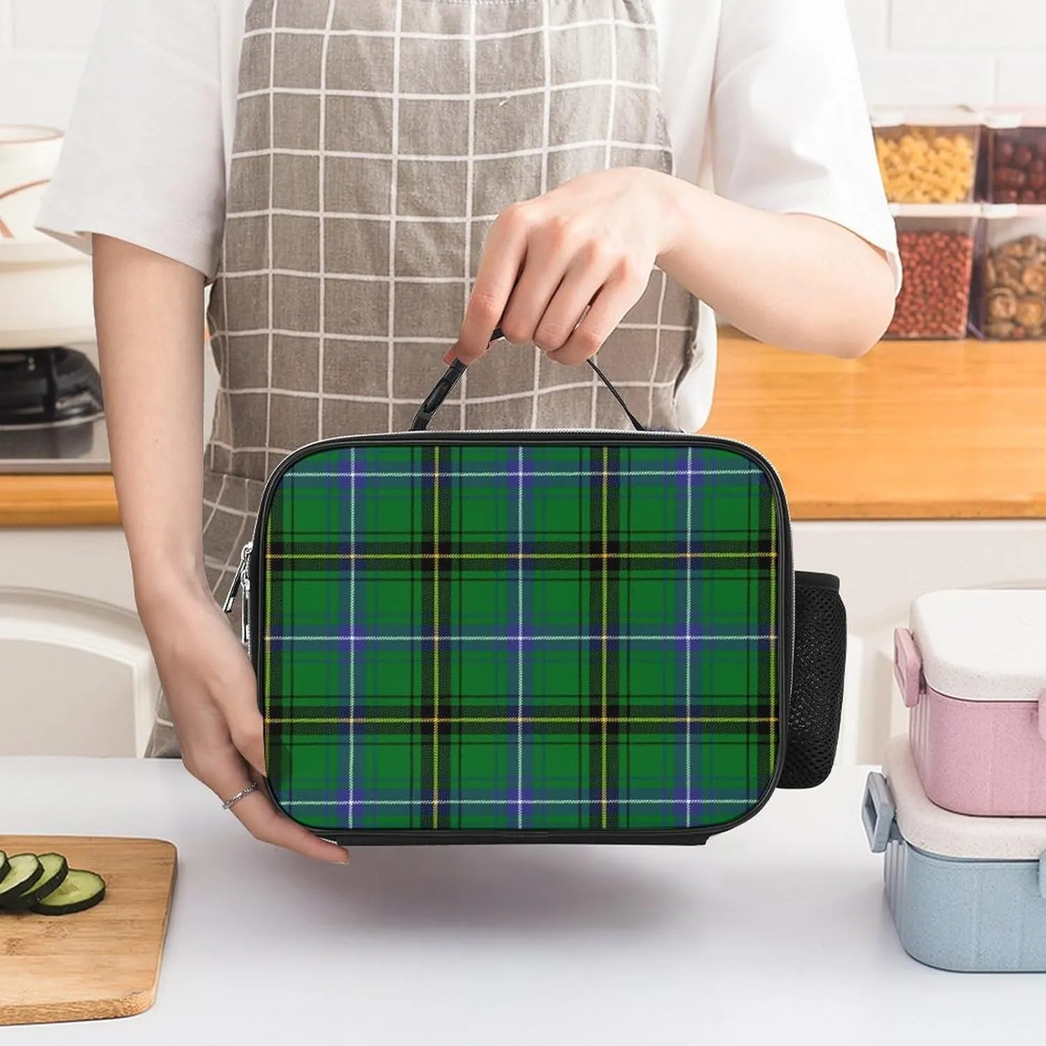 Scottish Clan Henderson Tartan Plaid Detachable Polyester Lunch Bag, Large Capacity Lunch Bag