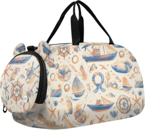 Sea Ship Beige Boy's Gym Duffel Bag with Shoes Compartment Lightweight Kids Overnight Duffel Bag for Travel, Sports, Fitness & Workout