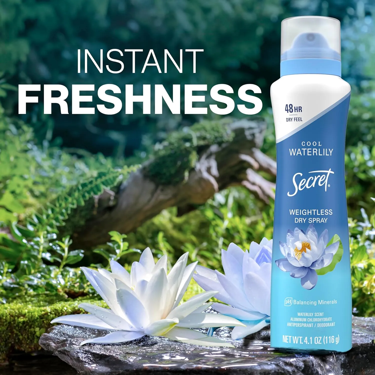 Secret Dry Spray Antiperspirant Deodorant for Women, 48hr Weightless Sweat & Odor Protection, Gentle on Skin, Waterlily & Argan Oil Scent, 4.1 oz (Pack of 3)