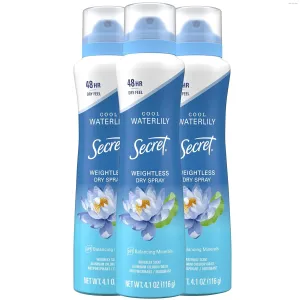 Secret Dry Spray Antiperspirant Deodorant for Women, 48hr Weightless Sweat & Odor Protection, Gentle on Skin, Waterlily & Argan Oil Scent, 4.1 oz (Pack of 3)