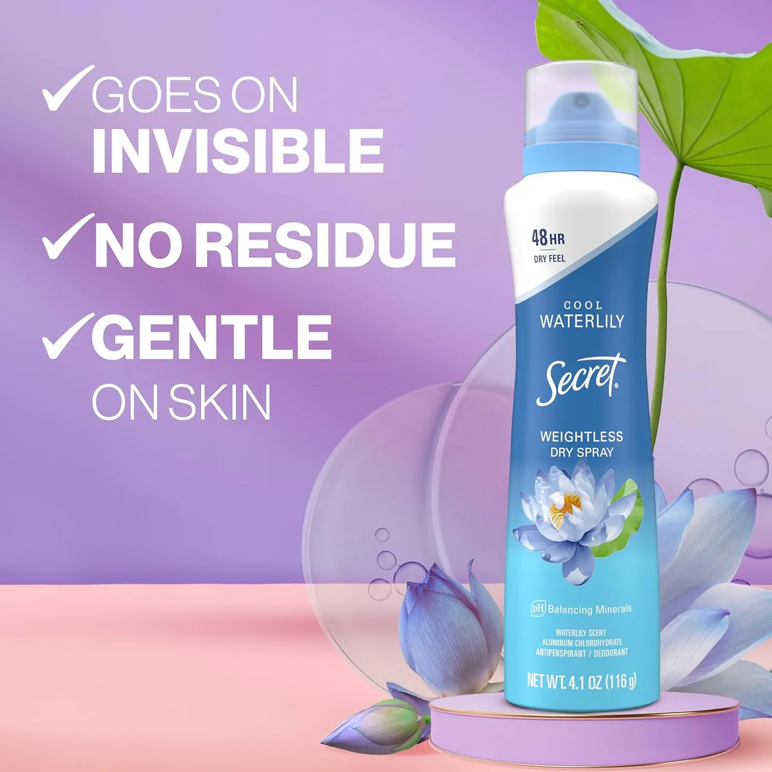Secret Dry Spray Antiperspirant Deodorant for Women, 48hr Weightless Sweat & Odor Protection, Gentle on Skin, Waterlily & Argan Oil Scent, 4.1 oz (Pack of 3)