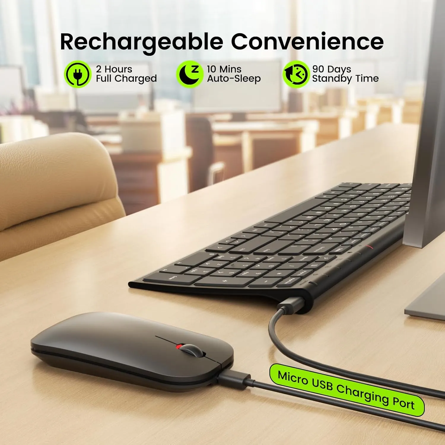 seenda Rechargeable Wireless Keyboard and Mouse - Ultra-Thin Metal Keyboard with Low-Profile Keys, 2.4G Wireless Keyboard for Windows PC Laptop Computer - Black
