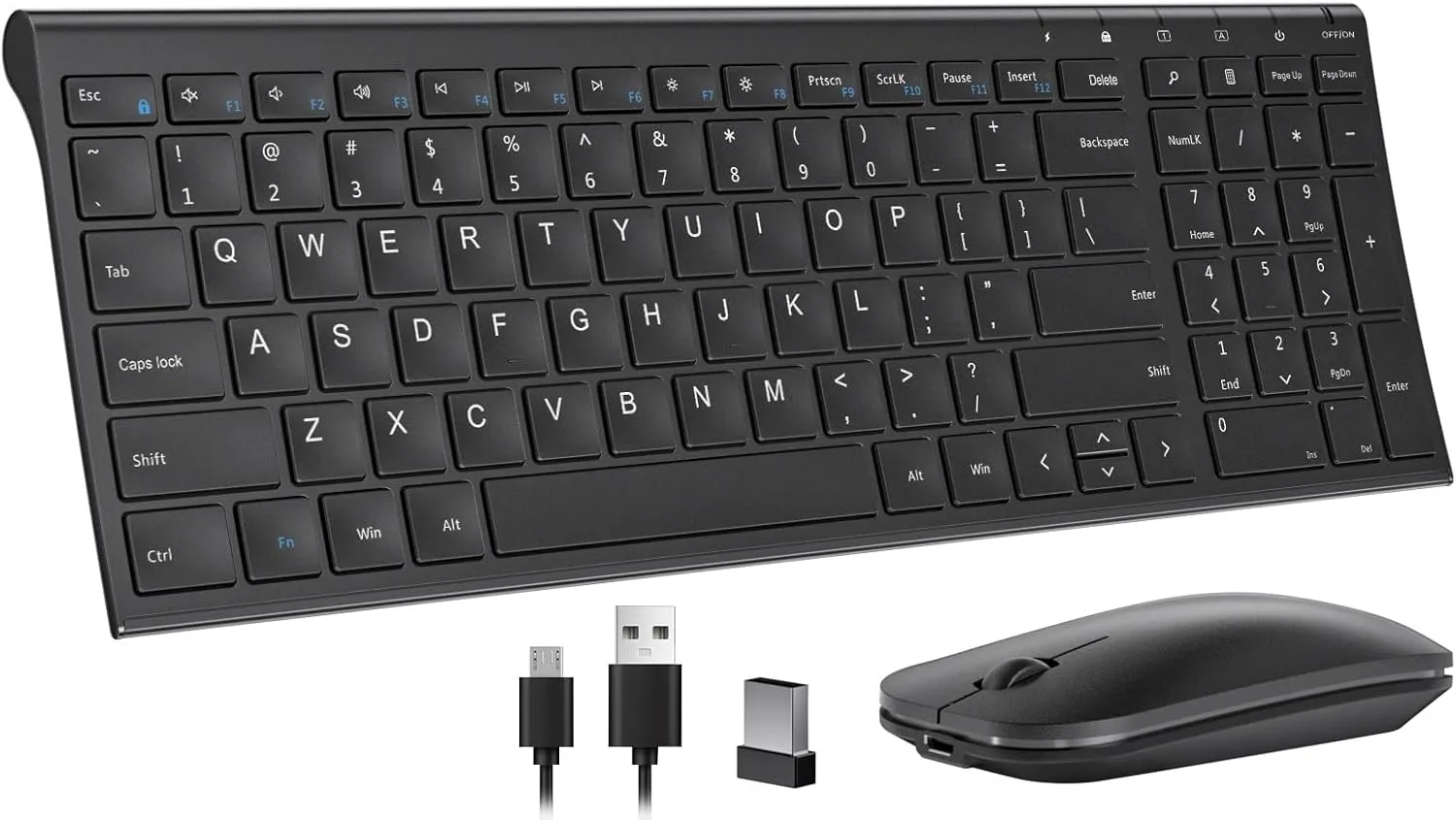 seenda Rechargeable Wireless Keyboard and Mouse - Ultra-Thin Metal Keyboard with Low-Profile Keys, 2.4G Wireless Keyboard for Windows PC Laptop Computer - Black