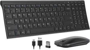 seenda Rechargeable Wireless Keyboard and Mouse - Ultra-Thin Metal Keyboard with Low-Profile Keys, 2.4G Wireless Keyboard for Windows PC Laptop Computer - Black