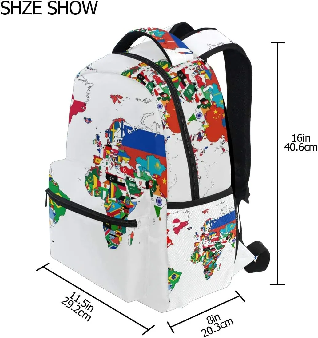senya School Backpack National Flag World Map Teens Girls Boys Schoolbag Travel Bag