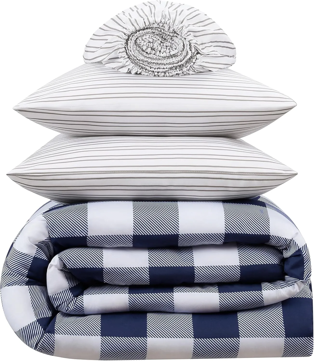 Serta Simply Clean Alex Soft 5 Piece Buffalo Check Plaid Bed in A Bag Complete Bedding Comforter Set with Sheets and Pillow Cases for All Season, Twin/Twin XL, Navy/White