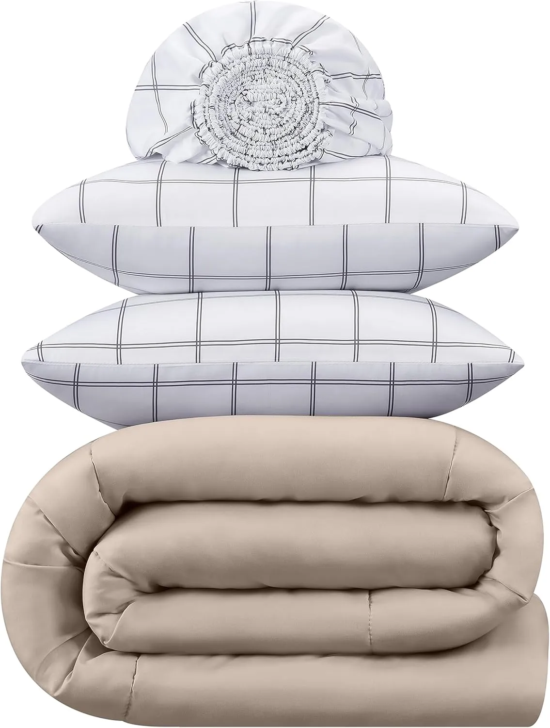 Serta Simply Clean Complete 7 Piece Hypoallergenic Reversible Bed in a Bag with Sheets and Pillow Cases for All Season, Full, Khaki/Navy