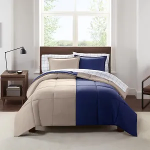 Serta Simply Clean Complete 7 Piece Hypoallergenic Reversible Bed in a Bag with Sheets and Pillow Cases for All Season, Full, Khaki/Navy
