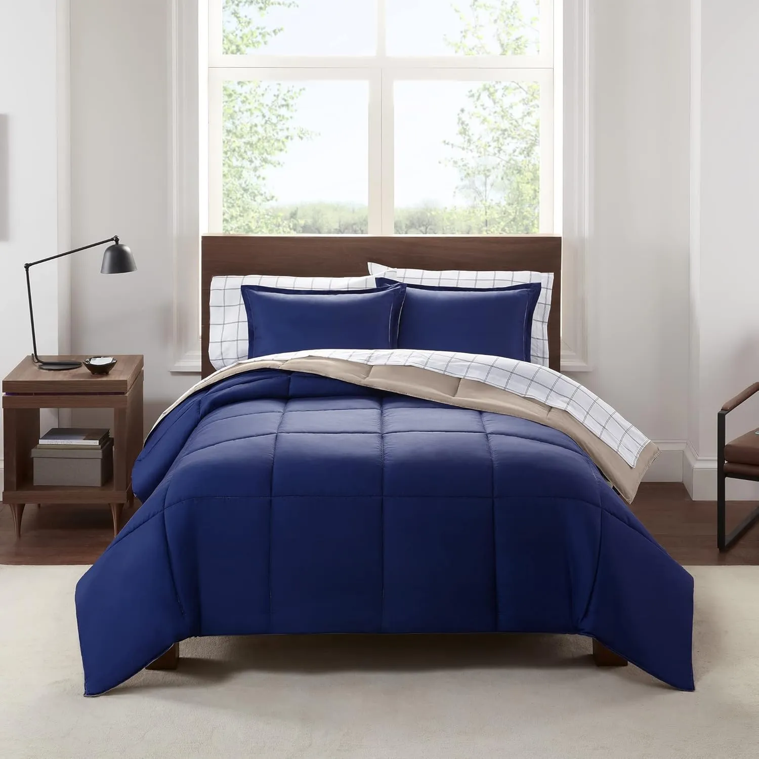 Serta Simply Clean Complete 7 Piece Hypoallergenic Reversible Bed in a Bag with Sheets and Pillow Cases for All Season, Full, Khaki/Navy