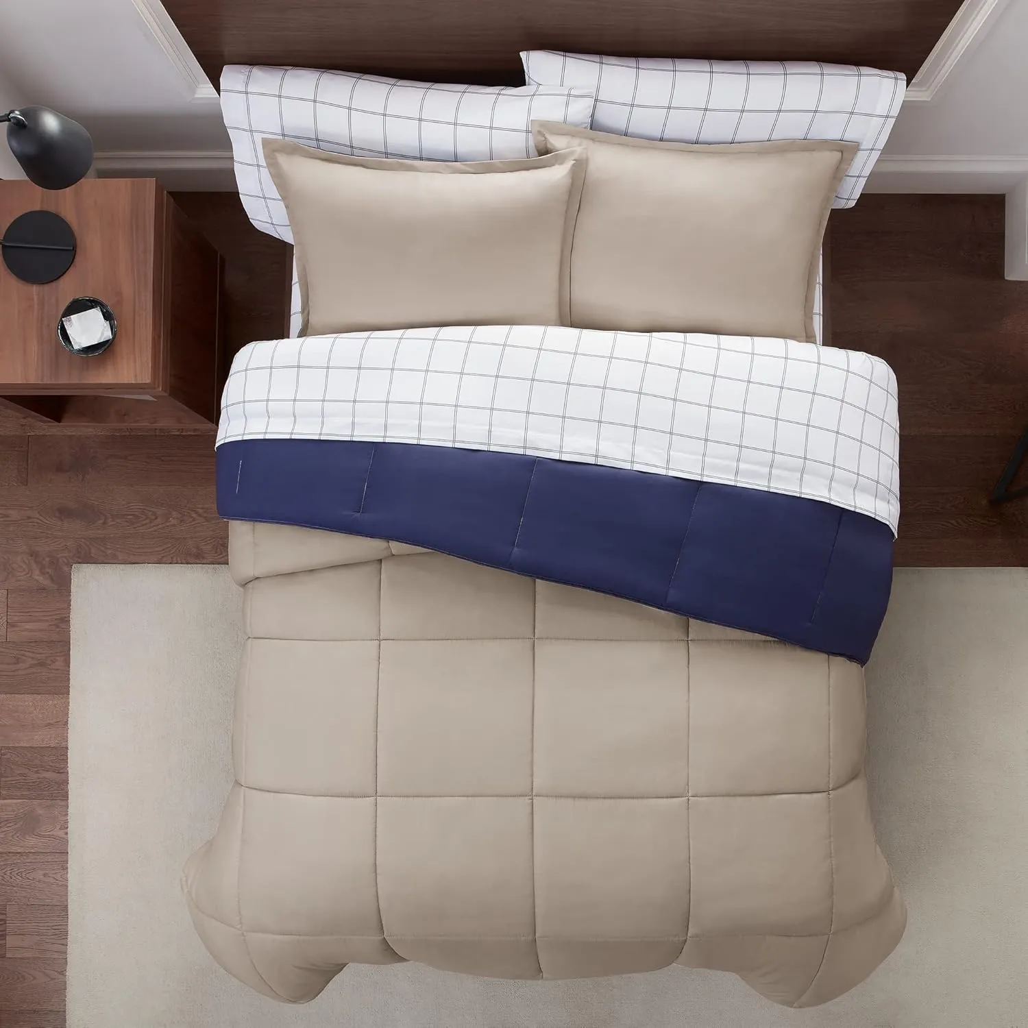 Serta Simply Clean Complete 7 Piece Hypoallergenic Reversible Bed in a Bag with Sheets and Pillow Cases for All Season, Full, Khaki/Navy